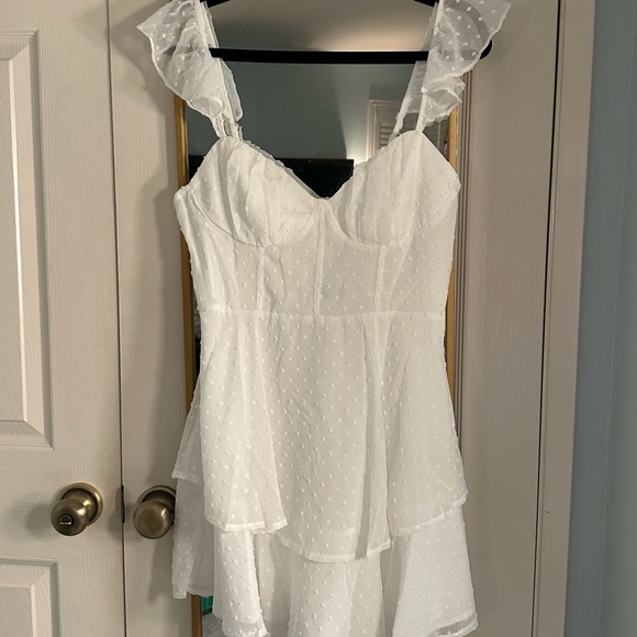 Selfie Leslie Theory Sweetheart Neckline Frill Strap Mini Dress Textured White - Picture 3 of 4